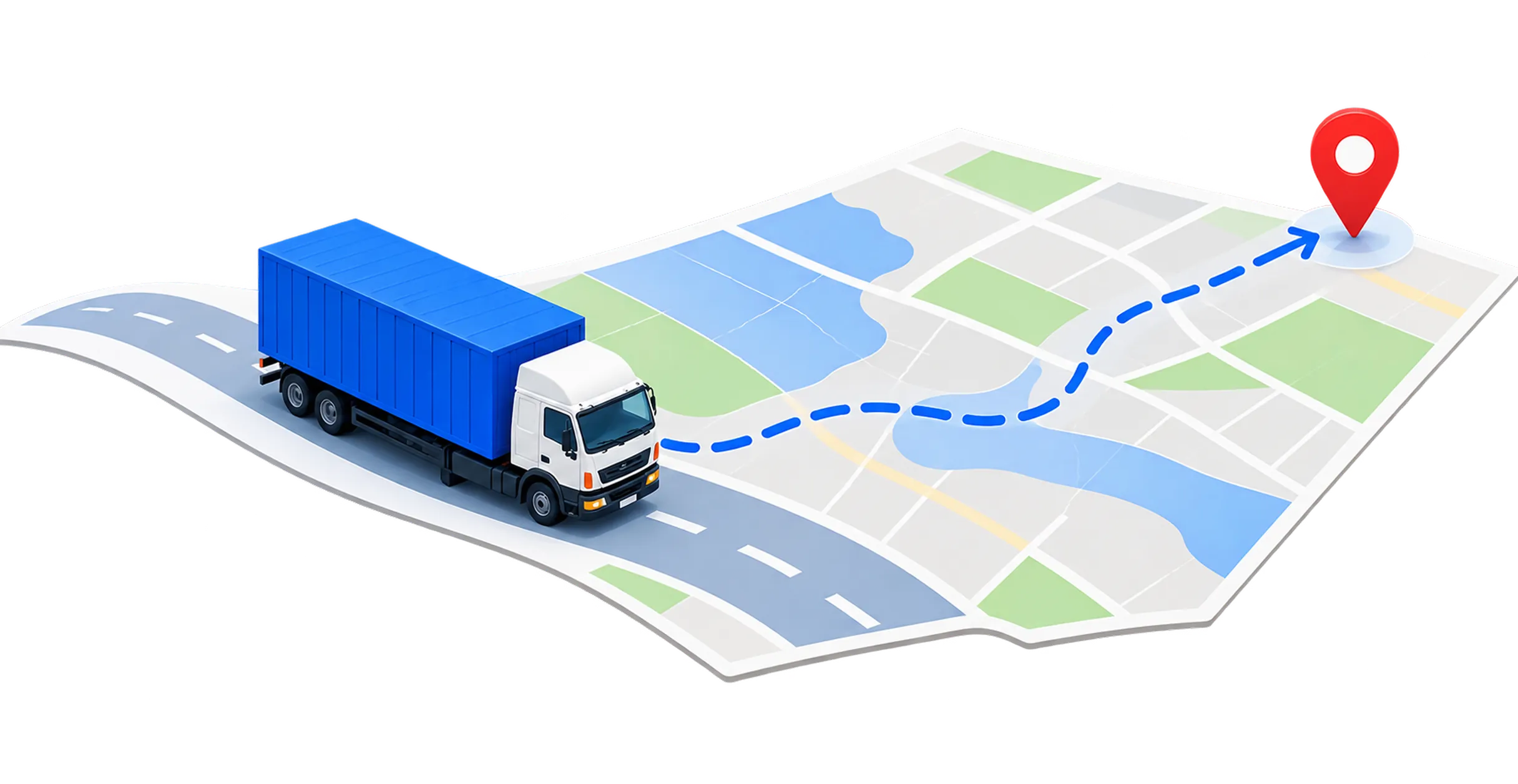 A delivery truck following a route on a map to a destination pin