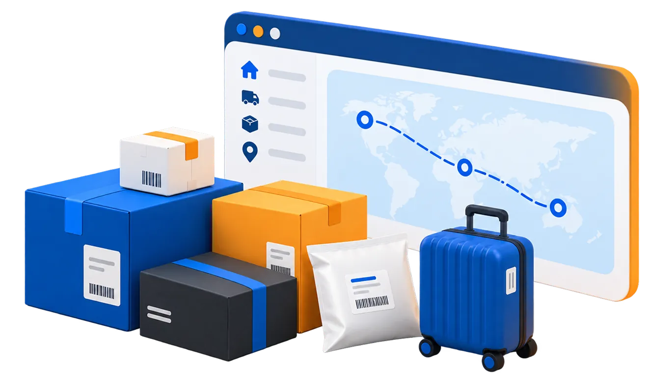 Parcels, a suitcase, and a shipping route on a screen