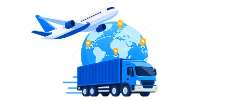 Plane, truck, and a globe with route pins